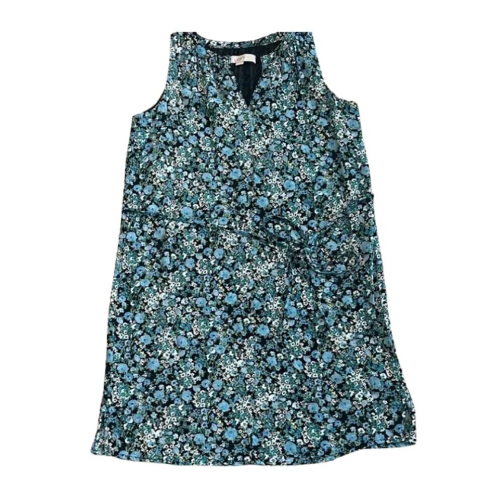 LOFT Black and Blue Floral V-Neck Sleeveless Dress with Tie - Size XS - Picture 2 of 8